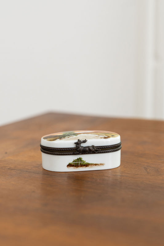Limoges France Keepsake Box | Mountain Scene Oval Shape with Stag Clasp