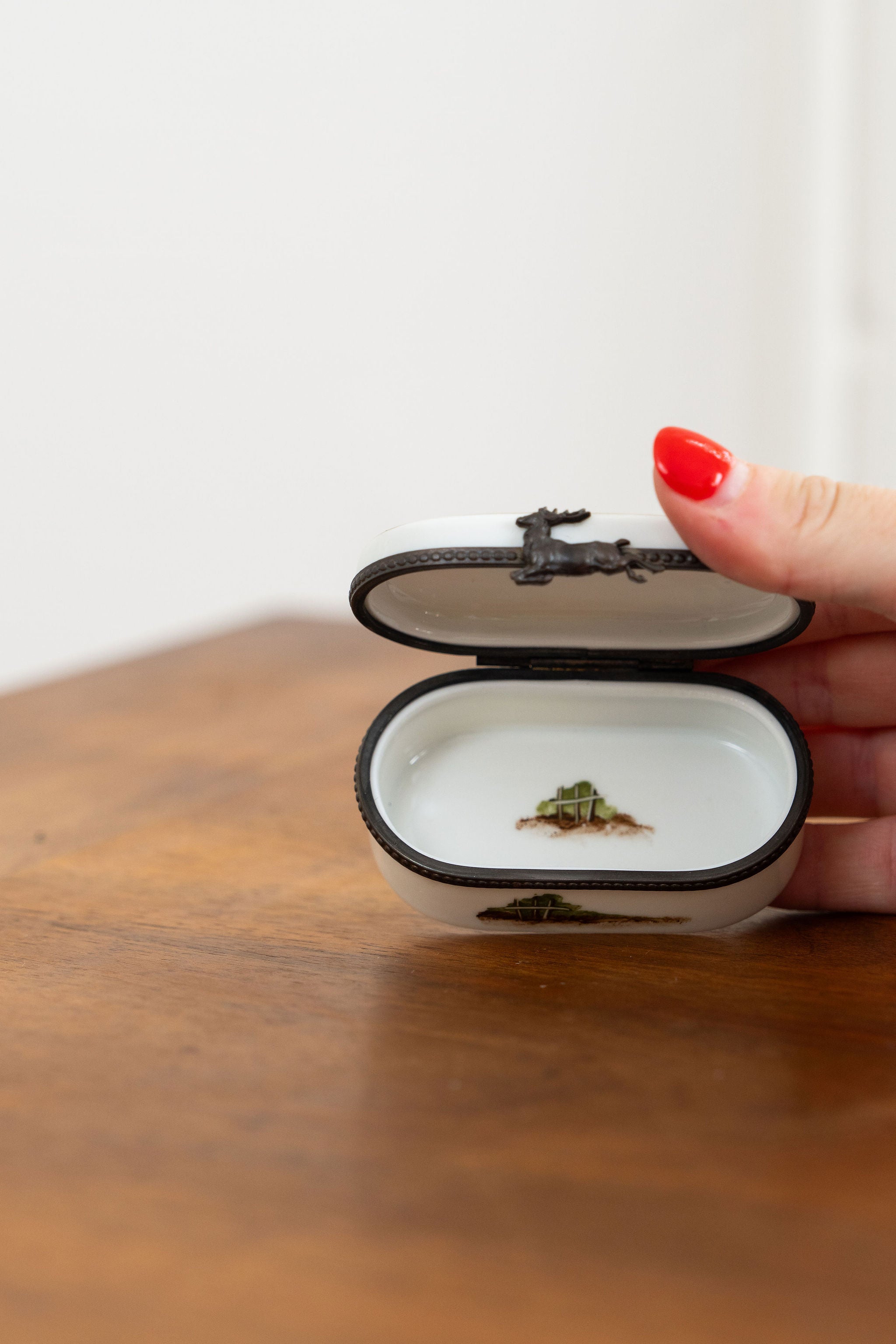 Limoges France Keepsake Box | Mountain Scene Oval Shape with Stag Clasp