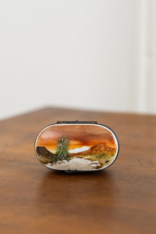 Limoges France Keepsake Box | Mountain Scene Oval Shape with Stag Clasp