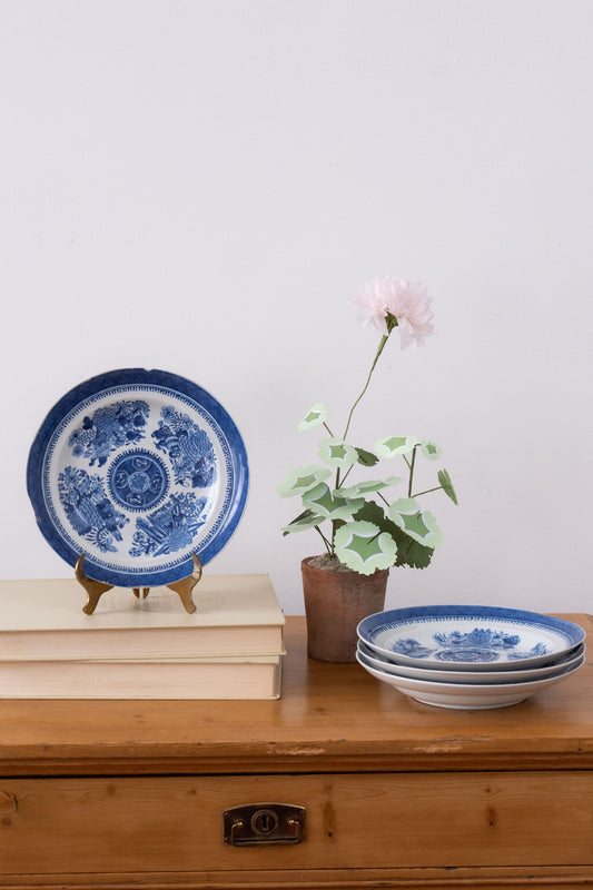 Chinese Blue + White 10" Fitzhugh Plates | SET of 4 (c. 1820-1850)