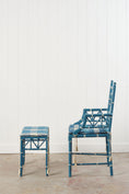 Load image into Gallery viewer, Vintage Painted Blue + White Bamboo Chair with Matching Foot Stool