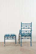 Load image into Gallery viewer, Vintage Painted Blue + White Bamboo Chair with Matching Foot Stool