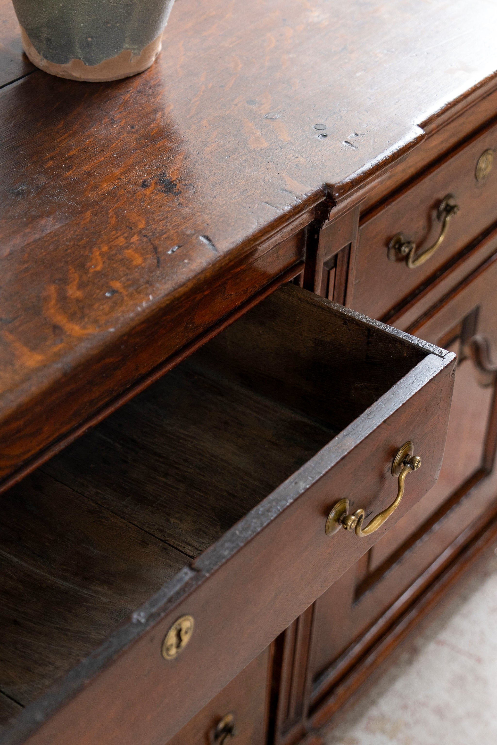 18th Century Large 7FT Oak Buffet with Raised Panel Cabinets (c. 1780)