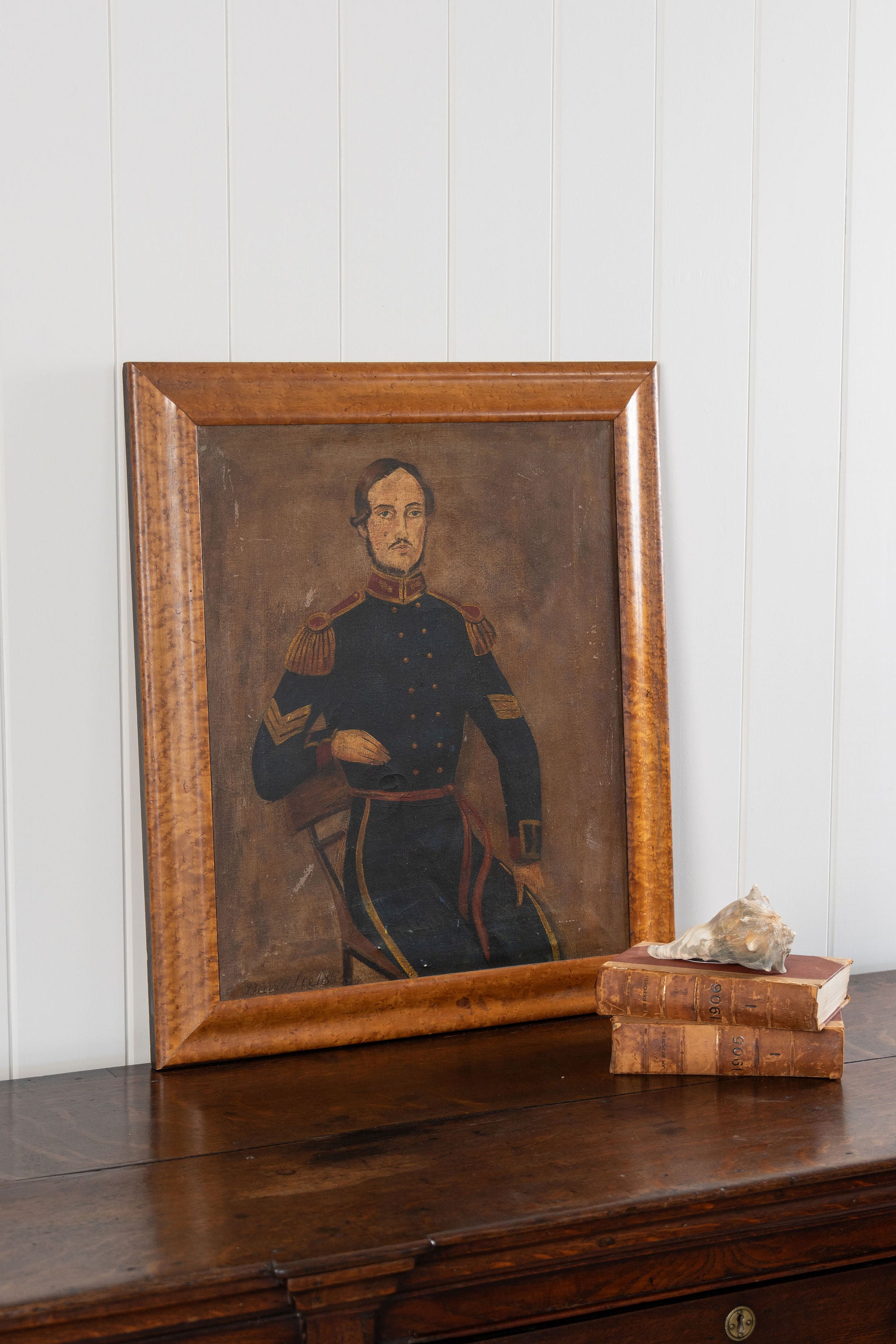 Signed Naive Oil on Canvas Soldier | Framed in Birds Eye Maple (David Lee, d. 1852)