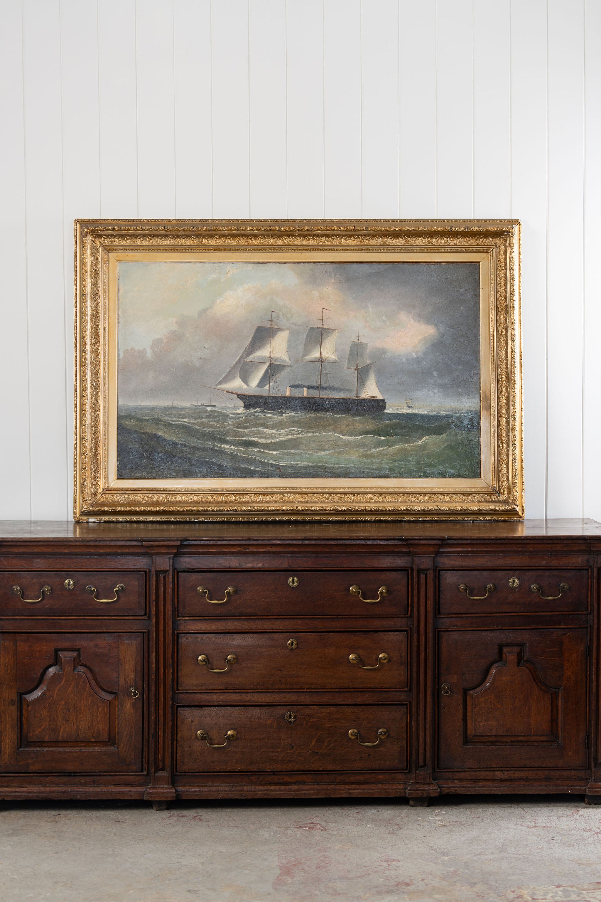 Large 19th Century Signed Original Oil of Early Steamship in Original Carved Frame