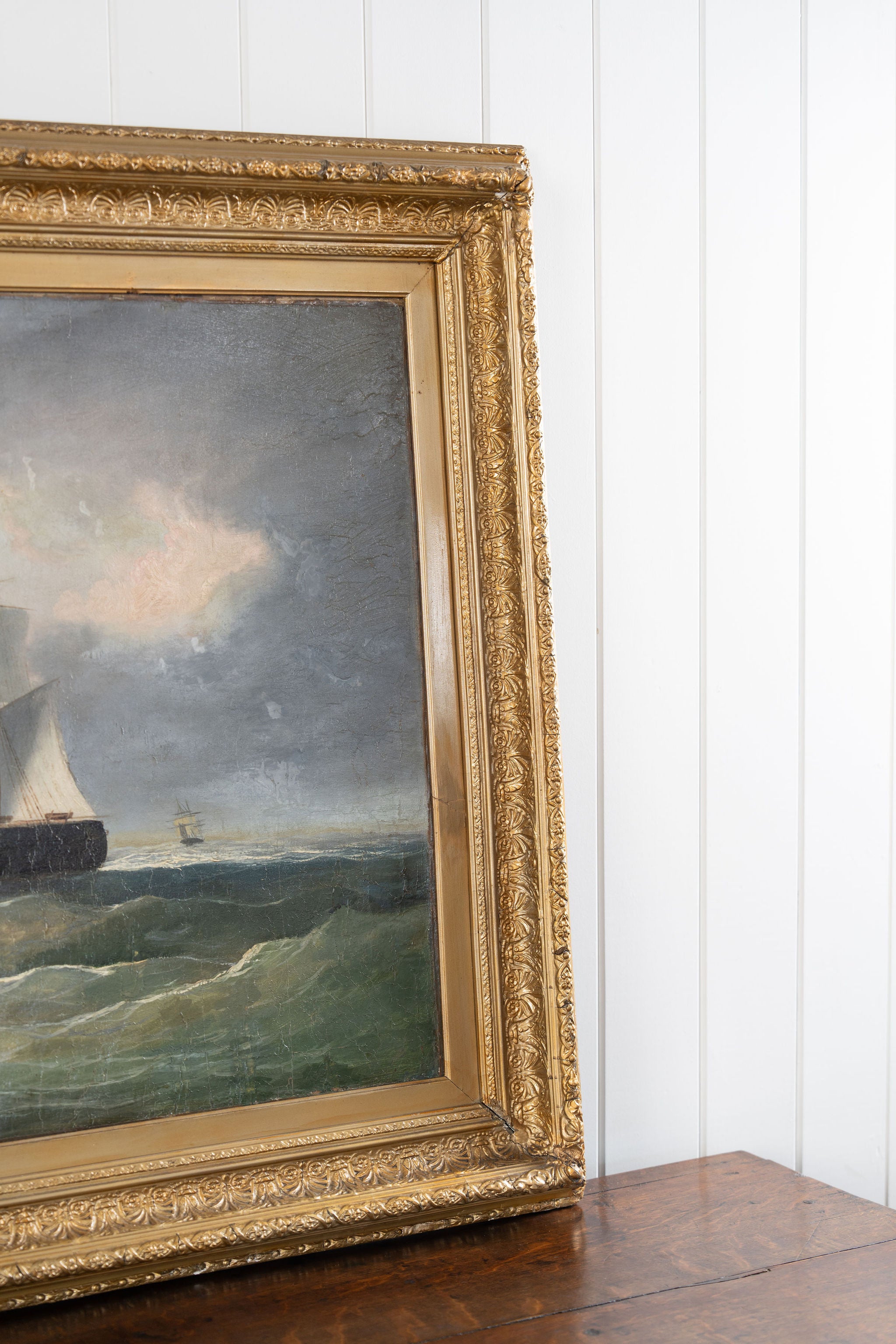 Large 19th Century Signed Original Oil of Early Steamship in Original Carved Frame
