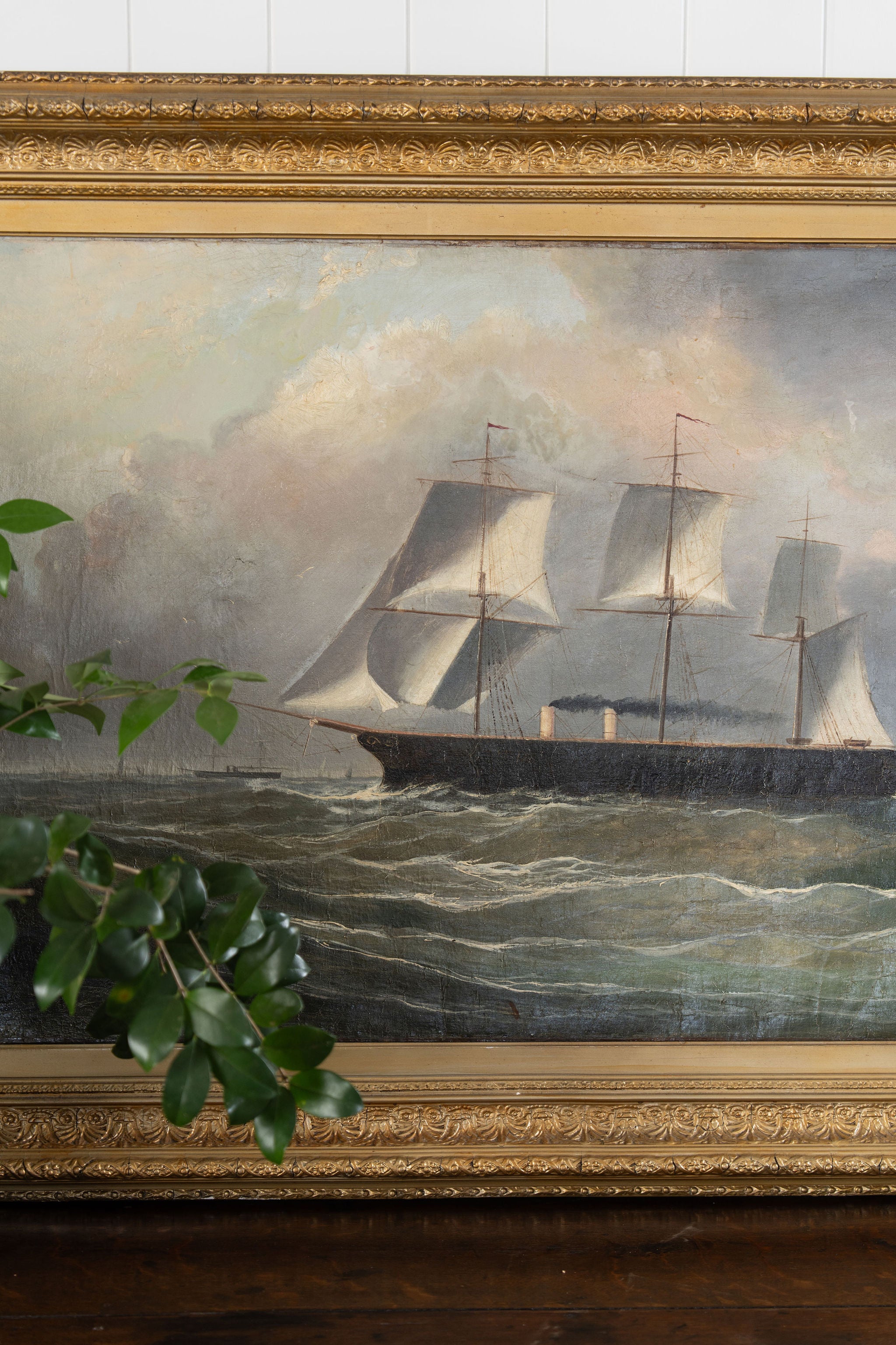 Large 19th Century Signed Original Oil of Early Steamship in Original Carved Frame