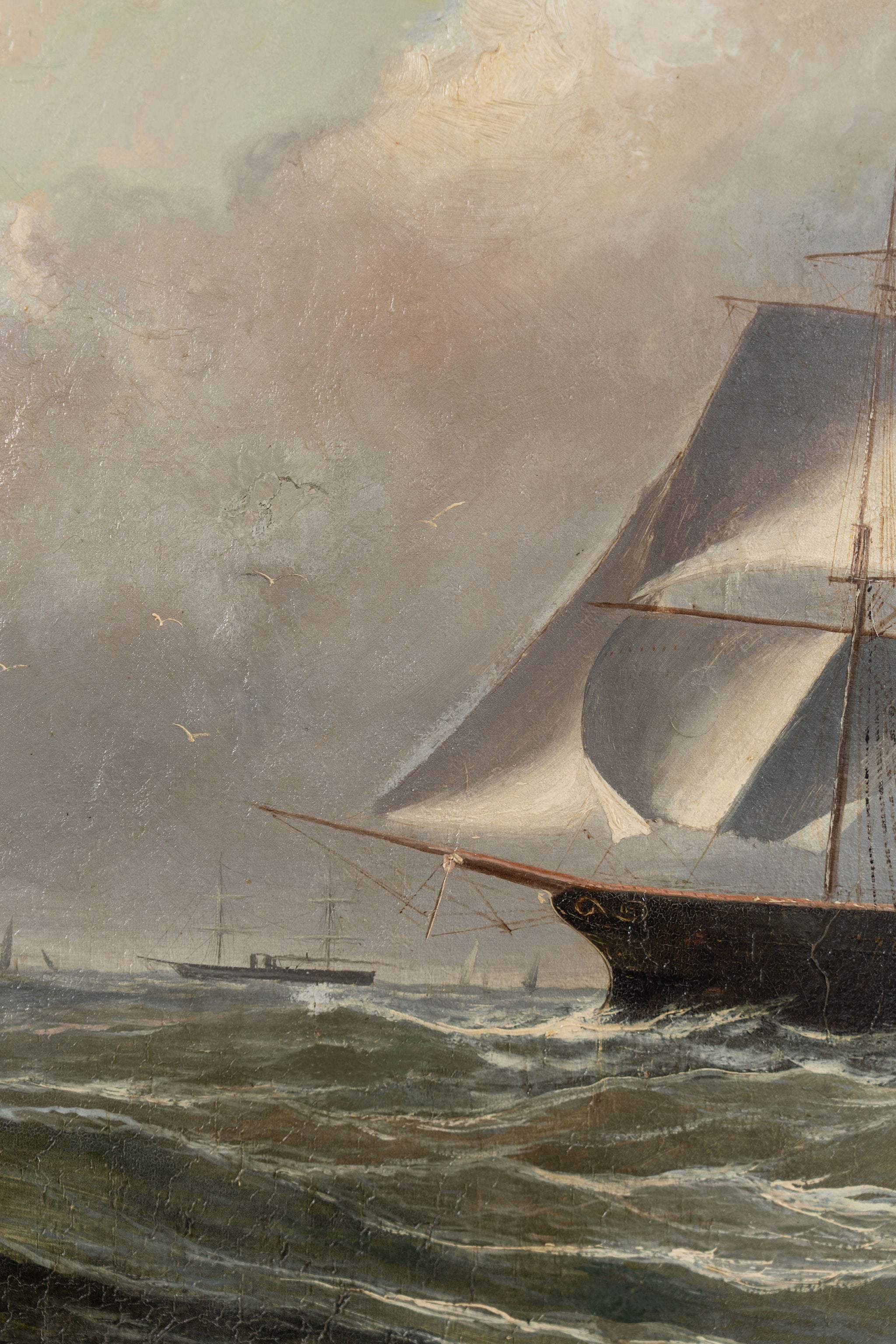 Large 19th Century Signed Original Oil of Early Steamship in Original Carved Frame