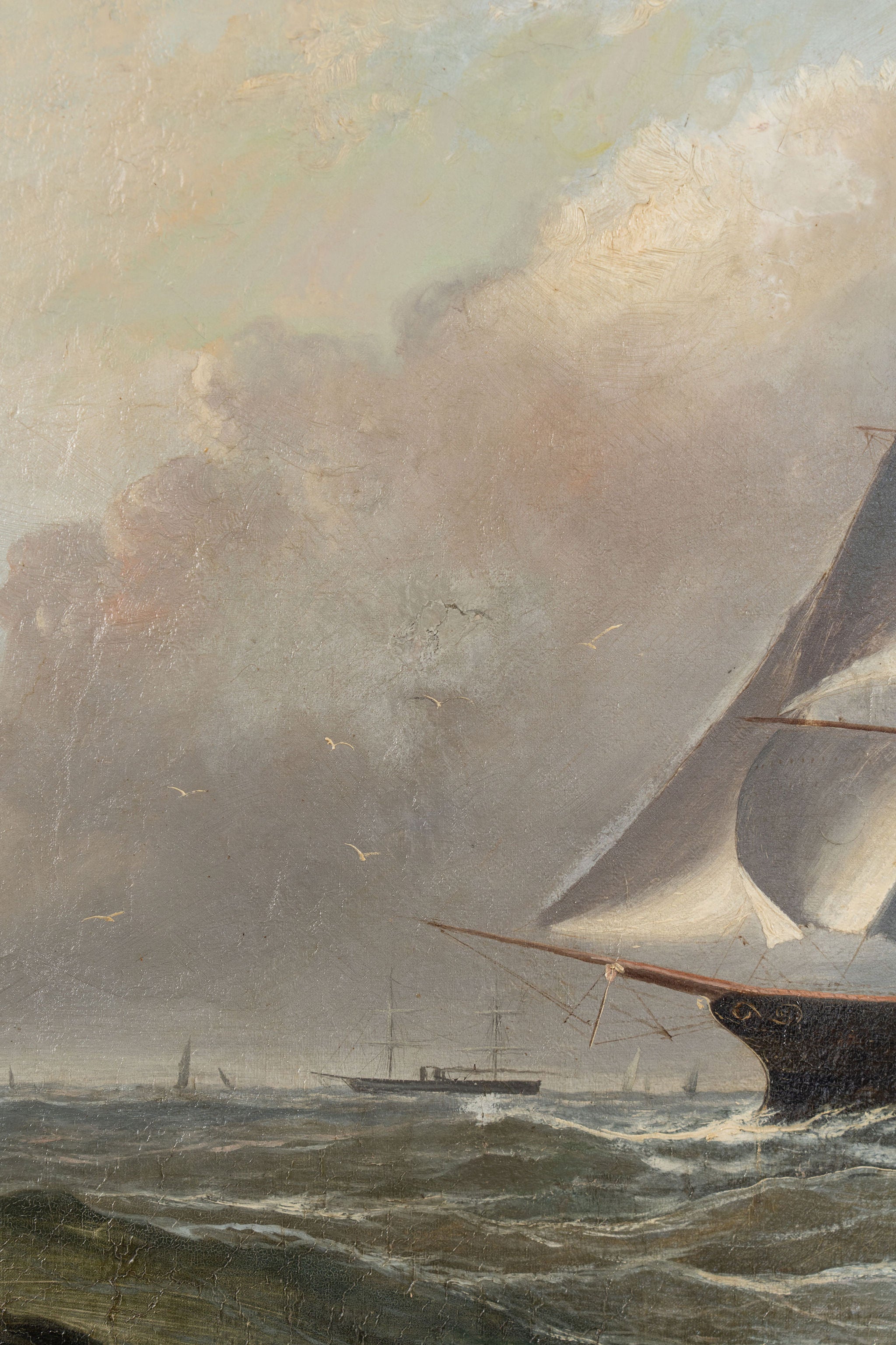 Large 19th Century Signed Original Oil of Early Steamship in Original Carved Frame