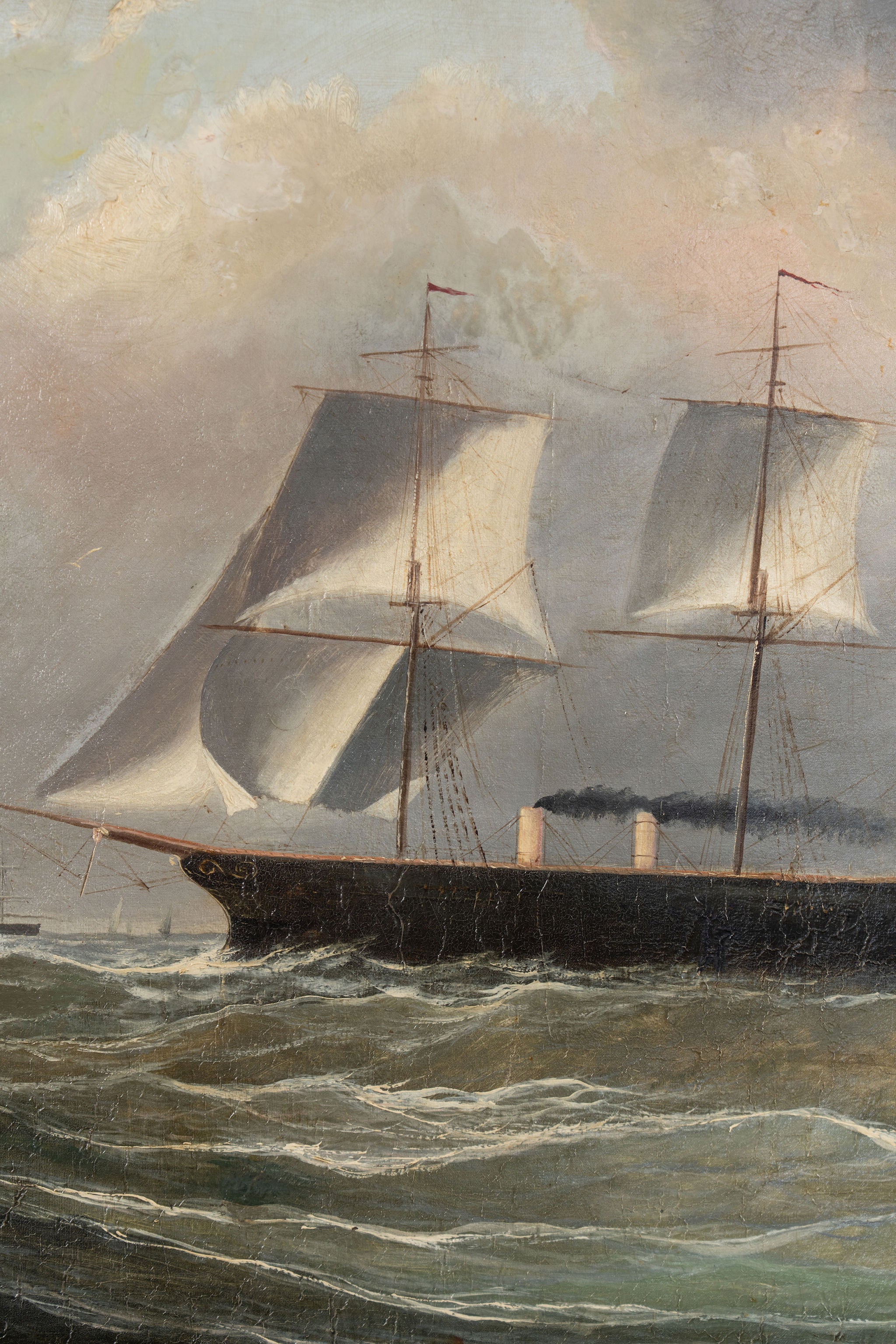 Large 19th Century Signed Original Oil of Early Steamship in Original Carved Frame
