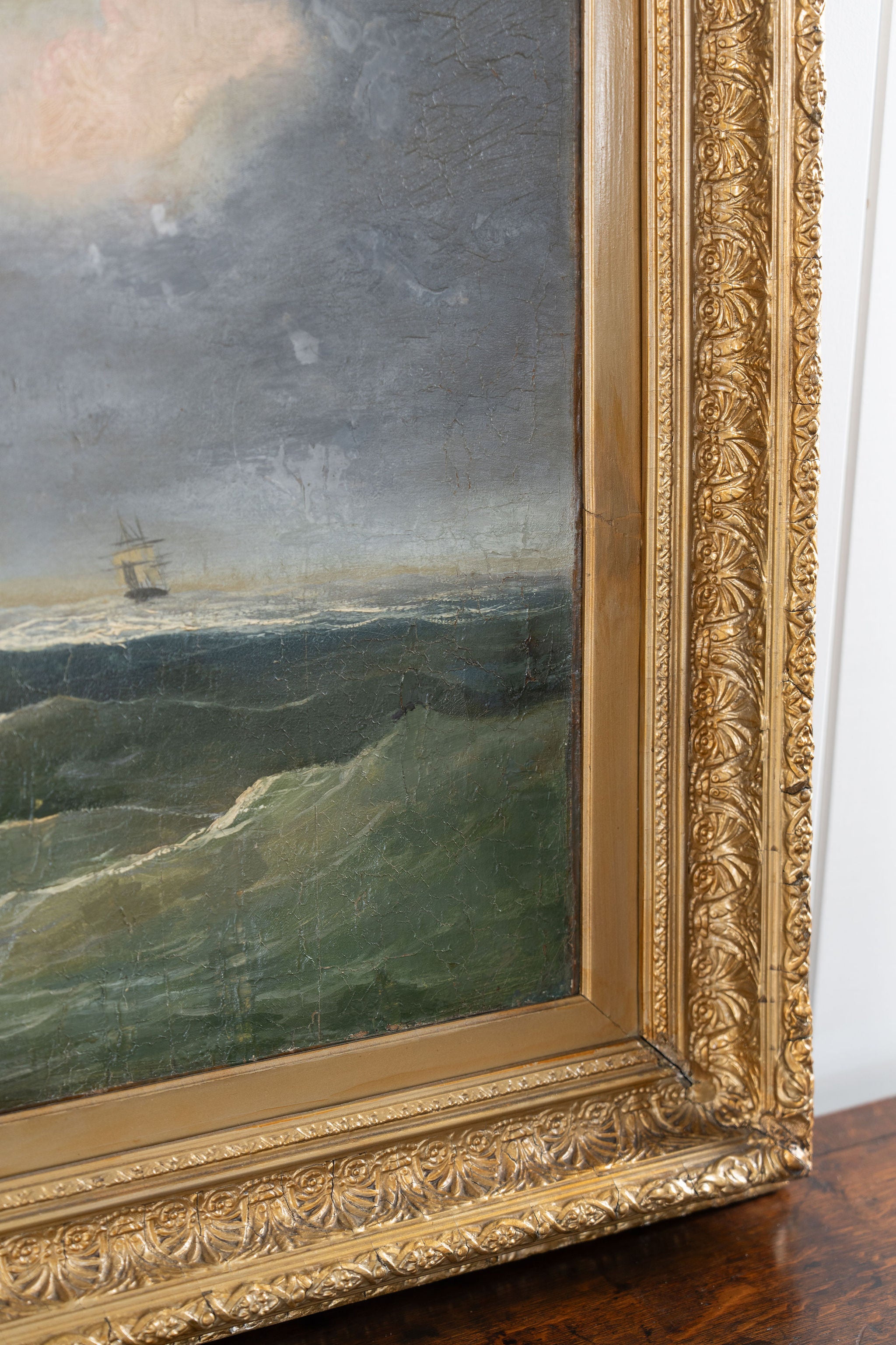 Large 19th Century Signed Original Oil of Early Steamship in Original Carved Frame