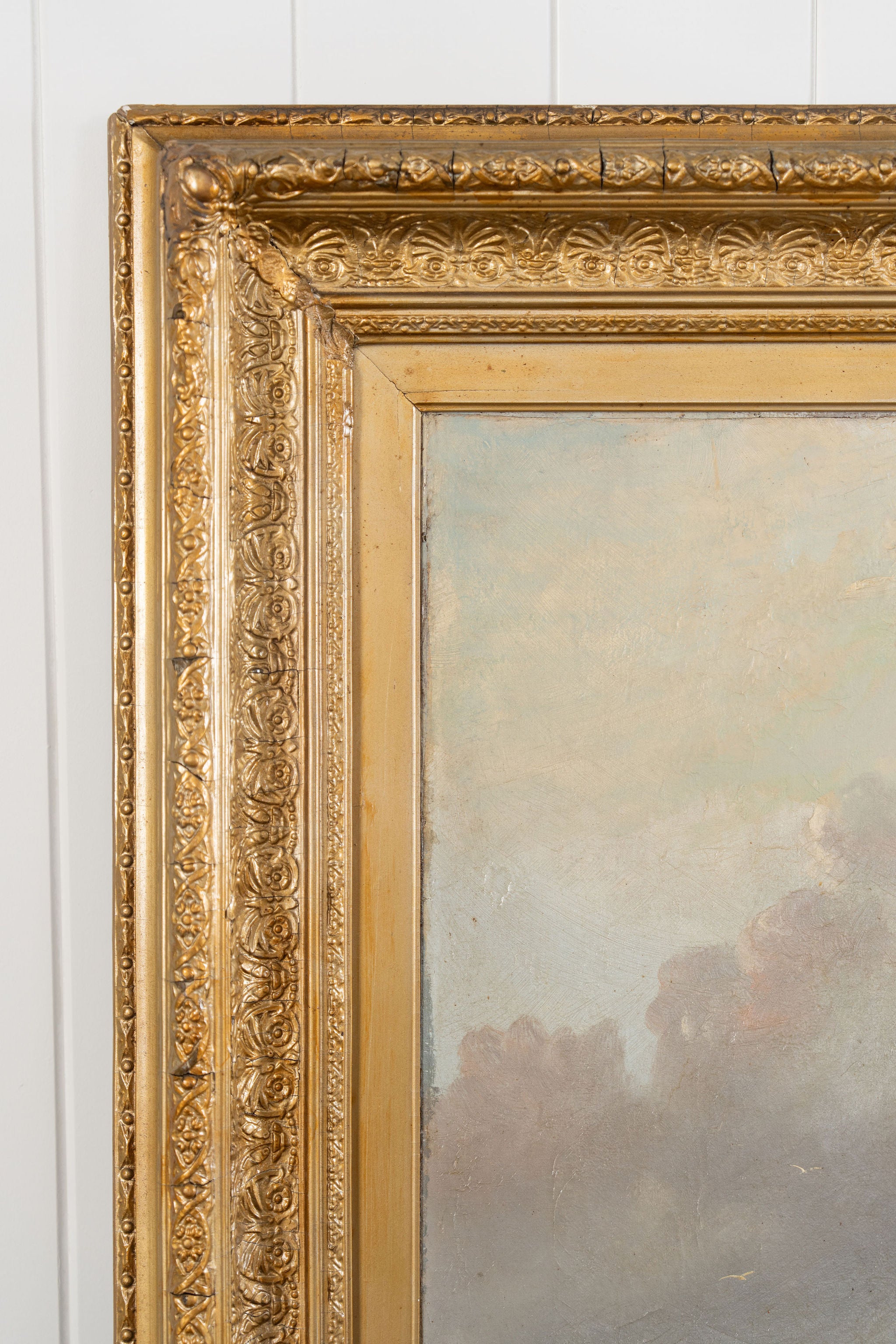 Large 19th Century Signed Original Oil of Early Steamship in Original Carved Frame