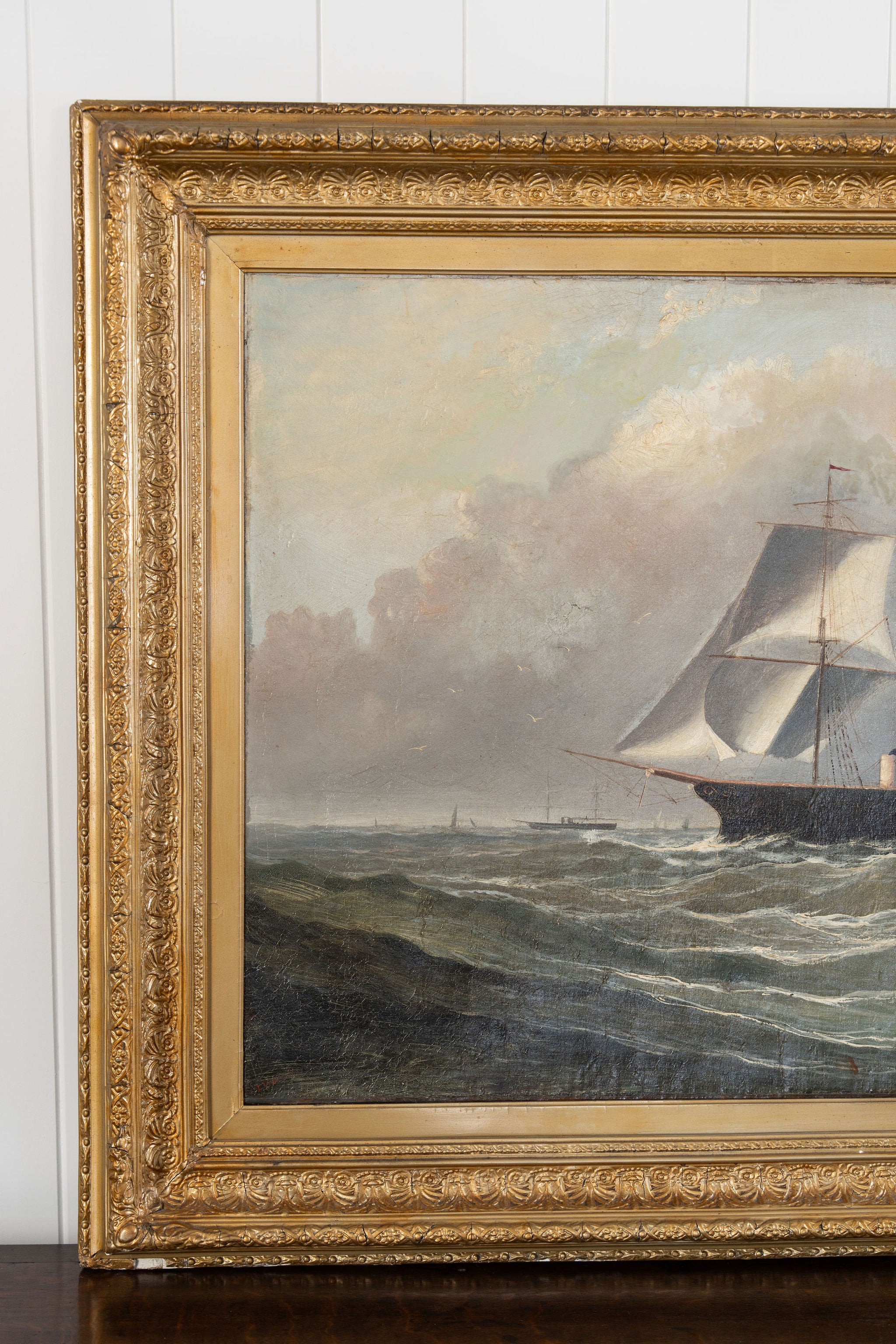 Large 19th Century Signed Original Oil of Early Steamship in Original Carved Frame