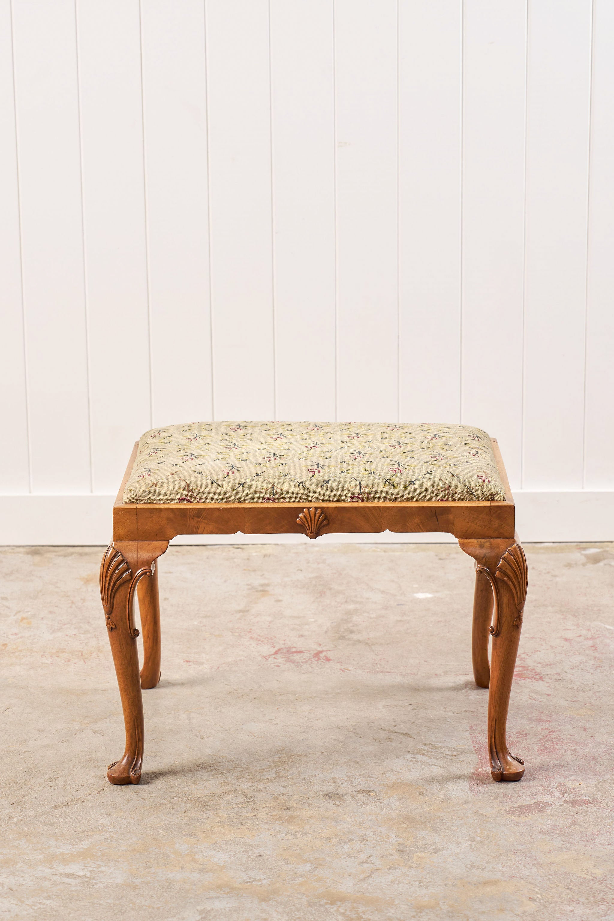 Antique Chippendale Upholstered Stool with Shell Details