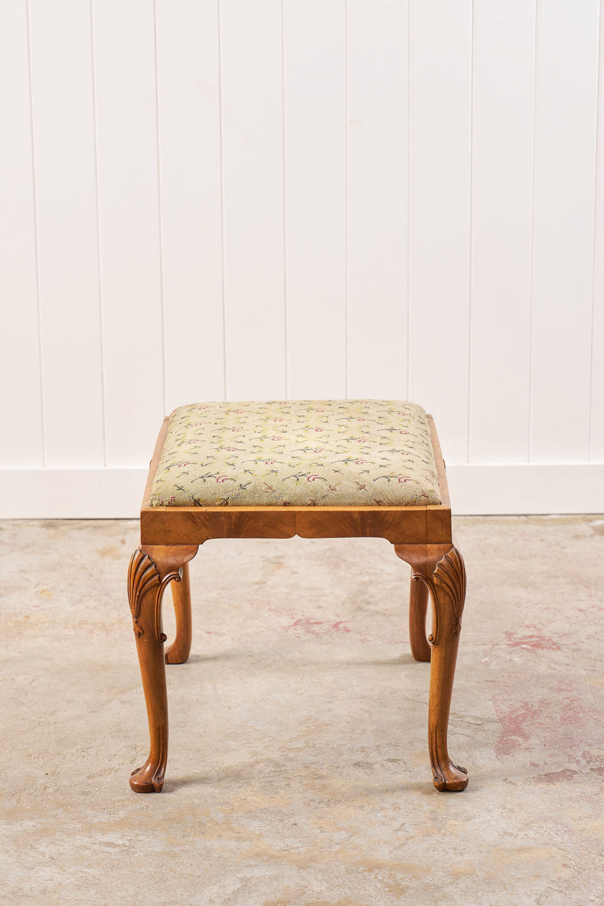 Antique Chippendale Upholstered Stool with Shell Details