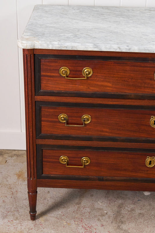 Louis XVI Period 18th Century French Commode with White Marble Top + Ebony Banding (c. 1780)