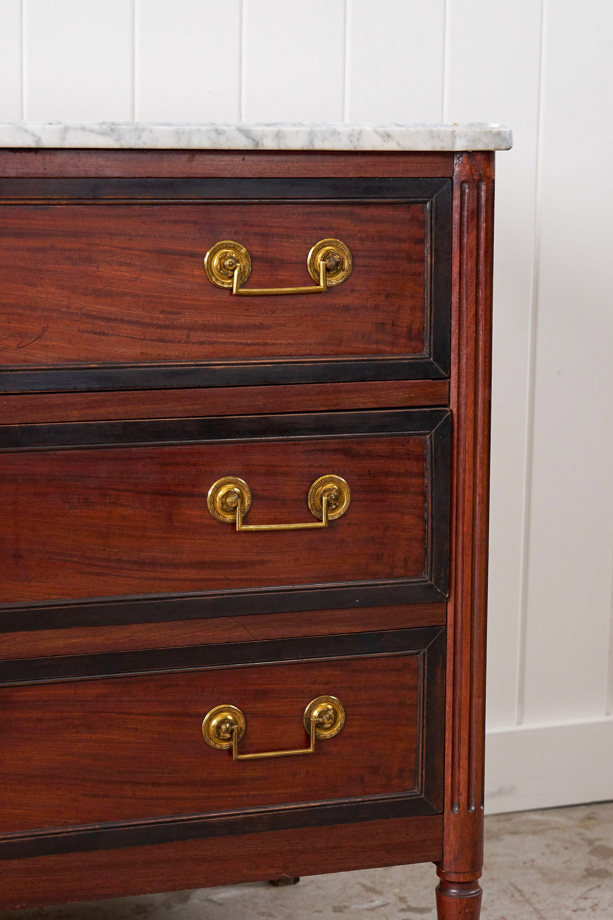 Louis XVI Period 18th Century French Commode with White Marble Top + Ebony Banding (c. 1780)