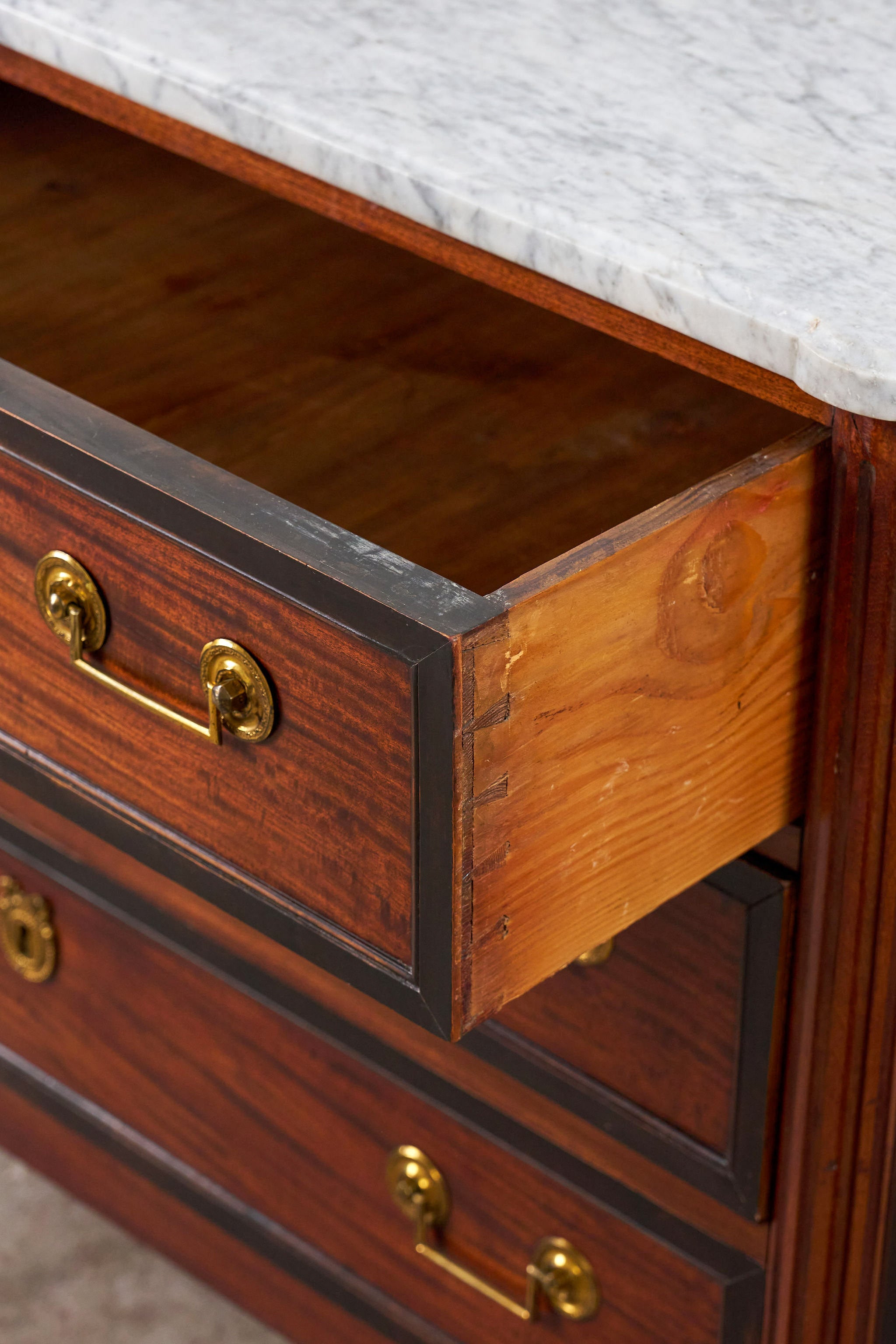 Louis XVI Period 18th Century French Commode with White Marble Top + Ebony Banding (c. 1780)