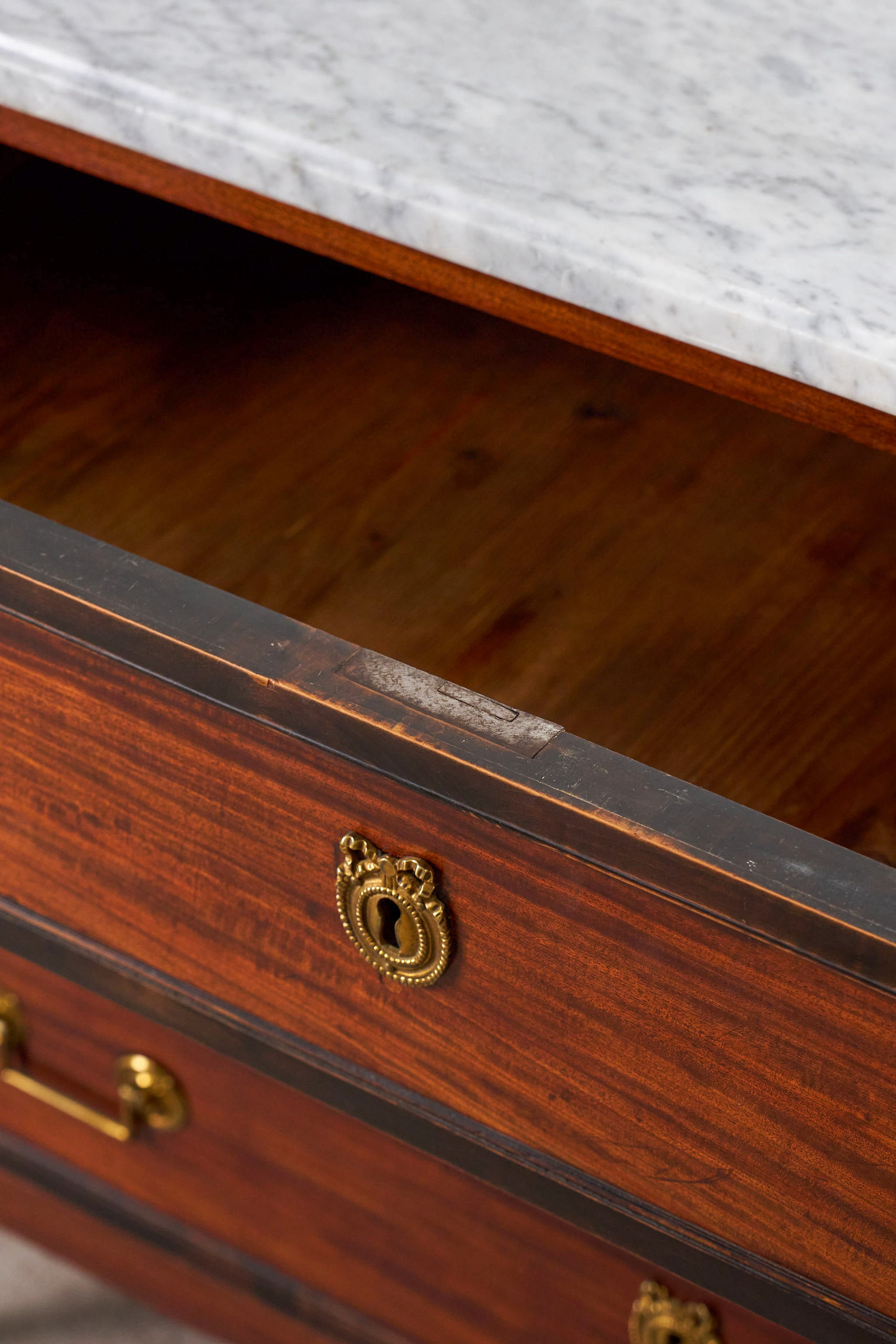 Louis XVI Period 18th Century French Commode with White Marble Top + Ebony Banding (c. 1780)