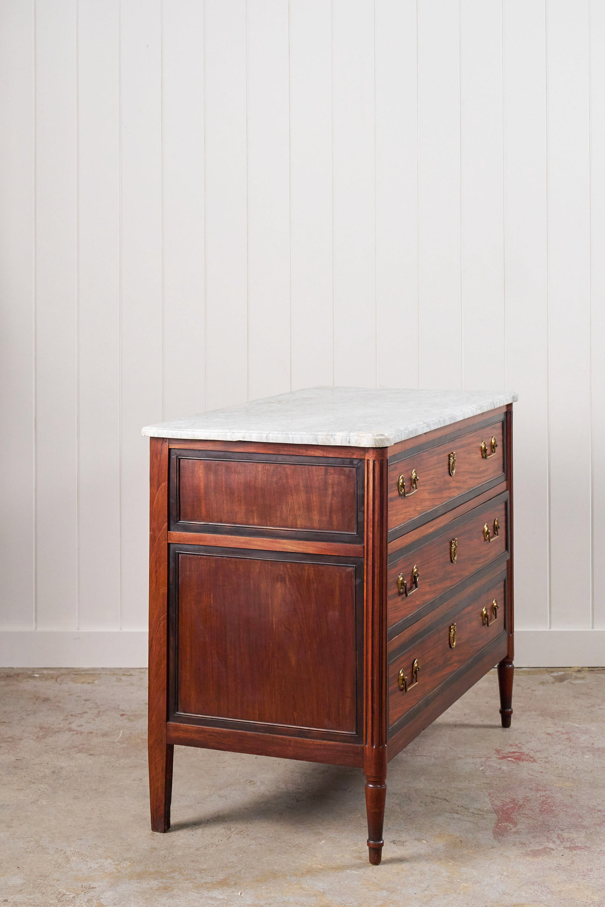 Louis XVI Period 18th Century French Commode with White Marble Top + Ebony Banding (c. 1780)