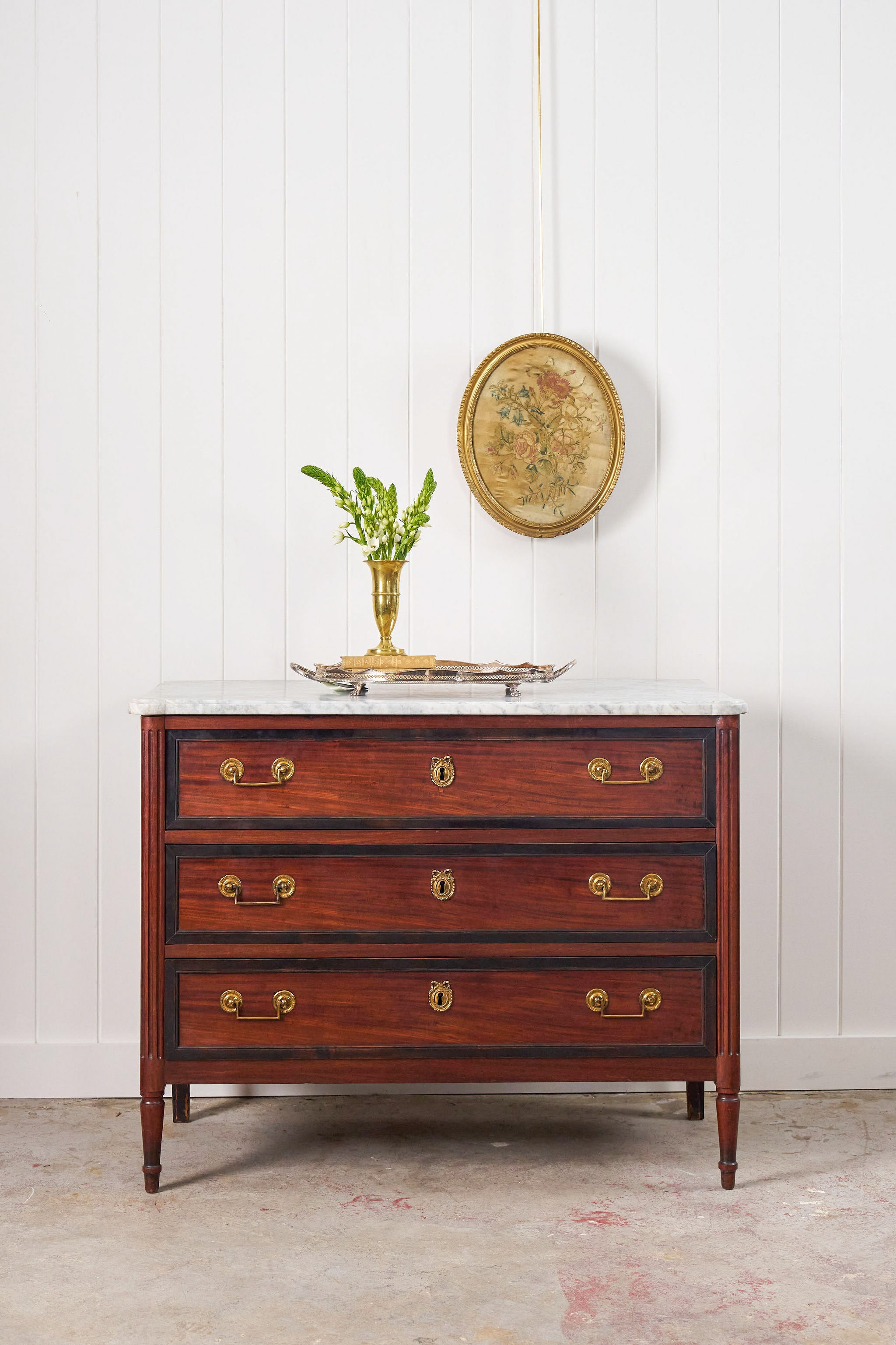 Louis XVI Period 18th Century French Commode with White Marble Top + Ebony Banding (c. 1780)
