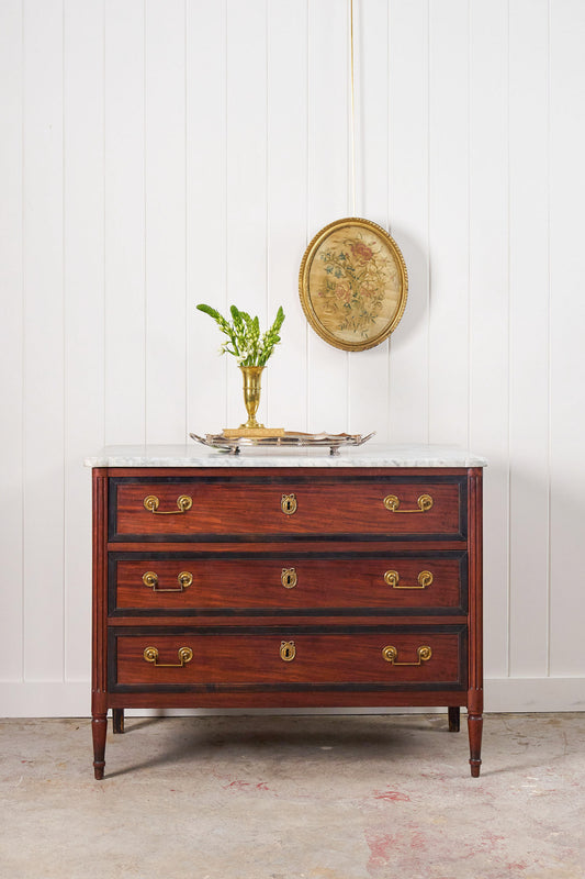 Louis XVI Period 18th Century French Commode with White Marble Top + Ebony Banding (c. 1780)