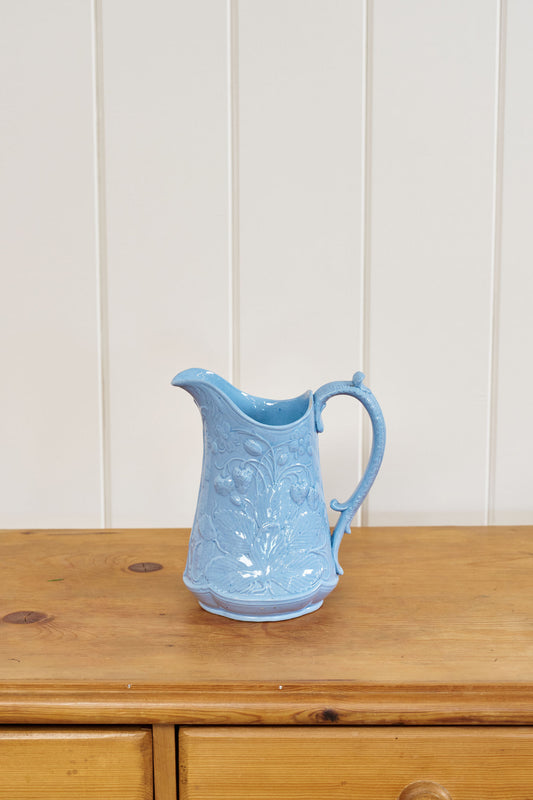 8” Victorian Blue Glazed Jasperware Jug with Strawberry Relief Motif