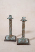 Load image into Gallery viewer, Pair Verdigris Metal Candlesticks