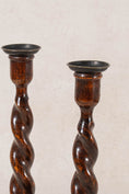 Load image into Gallery viewer, PAIR of Antique English Oak Barley Twist 12"H Candlesticks (c. 1900)