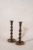 Load image into Gallery viewer, PAIR of Antique English Oak Barley Twist 12"H Candlesticks