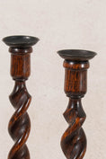Load image into Gallery viewer, PAIR of Antique English Oak Barley Twist 12"H Candlesticks