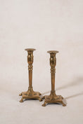 Load image into Gallery viewer, PAIR of Antique English 9"H Brass Candlesticks on Raised Square Base