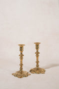 Load image into Gallery viewer, PAIR of 18th Century Petal Base Brass Candlesticks | 7.75"H