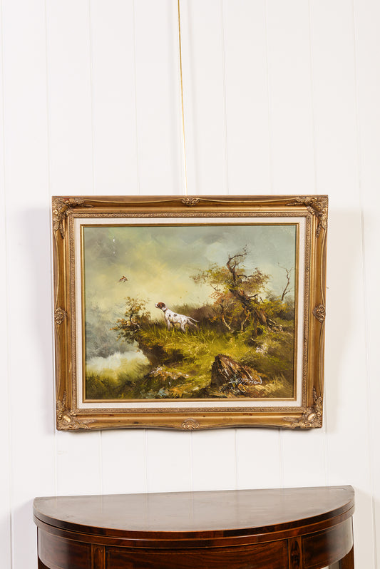 Signed Oil on Canvas of Spanial Bird Hunt | Framed with Linen Mat (British, 1981)