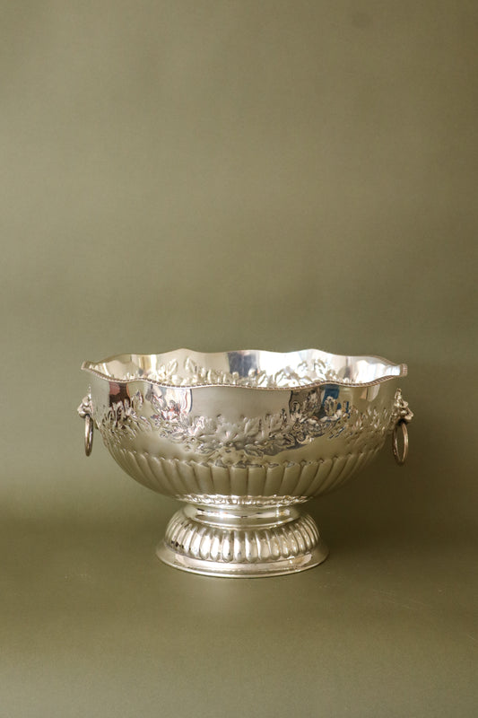 Large Antique English Silver Plate Punch Bowl with Lion Head Handles + Scalloped Rim (c. 1920)