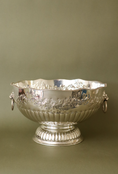 Load image into Gallery viewer, Large Antique English Silver Plate Punch Bowl with Lion Head Handles + Scalloped Rim (c. 1920)

