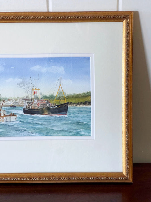 Signed A.J. Watts Marine View of Boats Watercolor