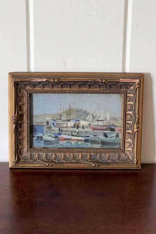 Antique French Oil on Board of Boats in Harbor
