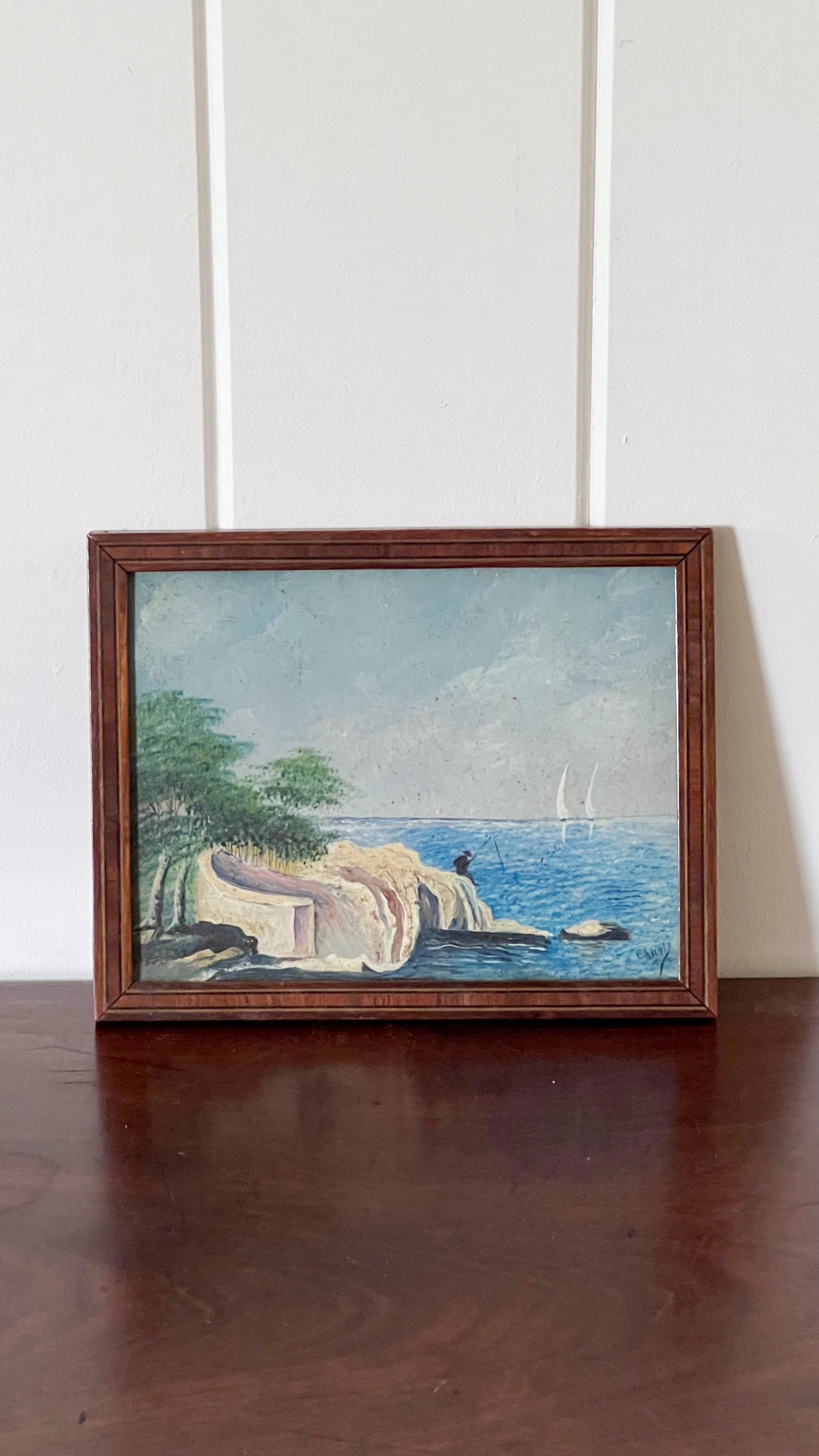 Original Oil on Board Landscape with Fisherman