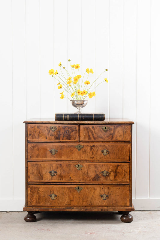 18th Century Burl Walnut Chest of Drawers on Bun Feet (c. 1760)