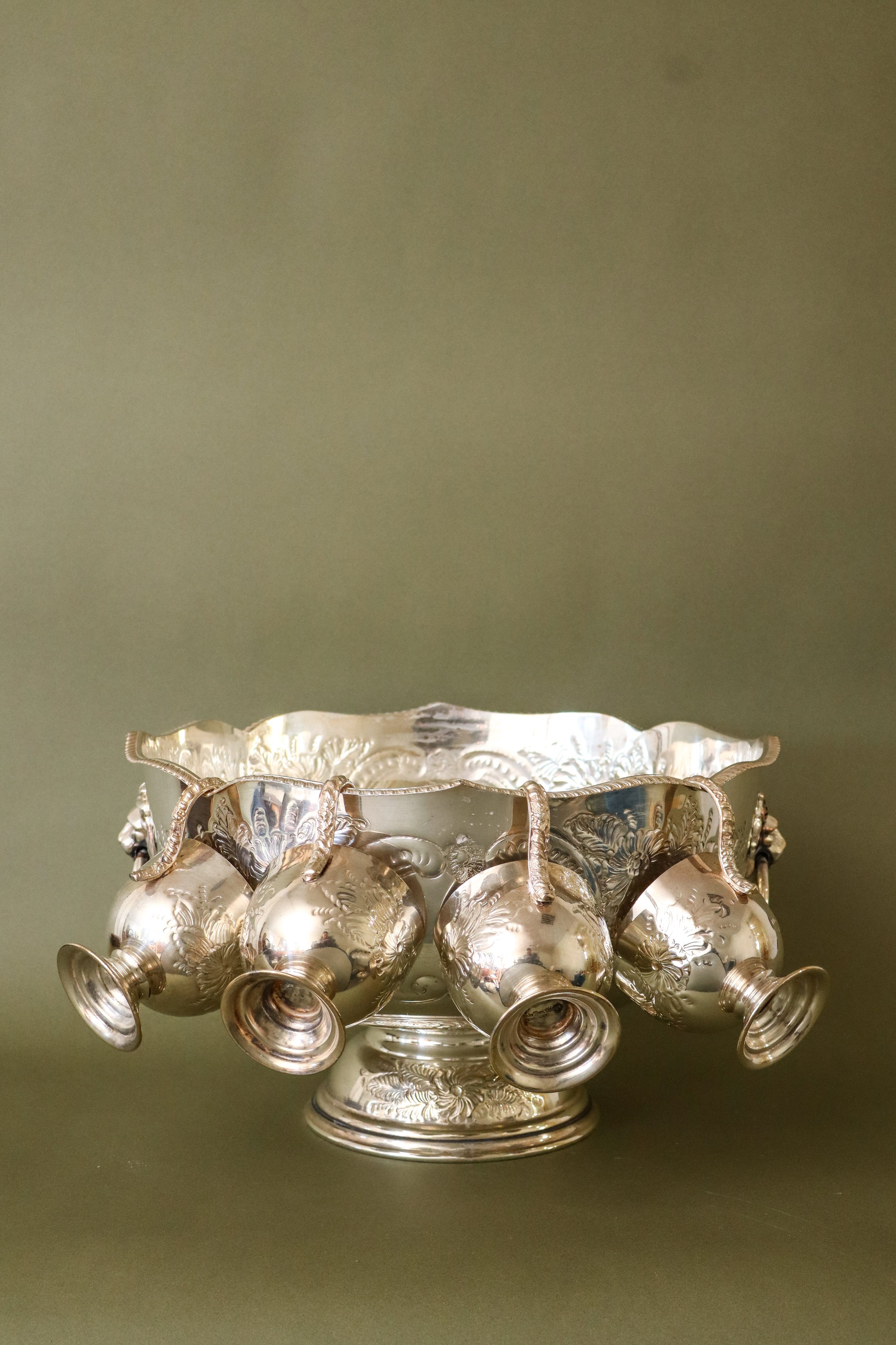Silver Plate Punch Bowl with Scalloped Edge + Lion Head Pulls | includes 4 Cups | by Pinder Brothers England