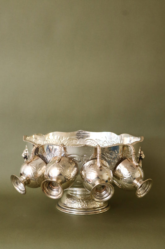 Silver Plate Punch Bowl with Scalloped Edge + Lion Head Pulls | includes 4 Cups | by Pinder Brothers England