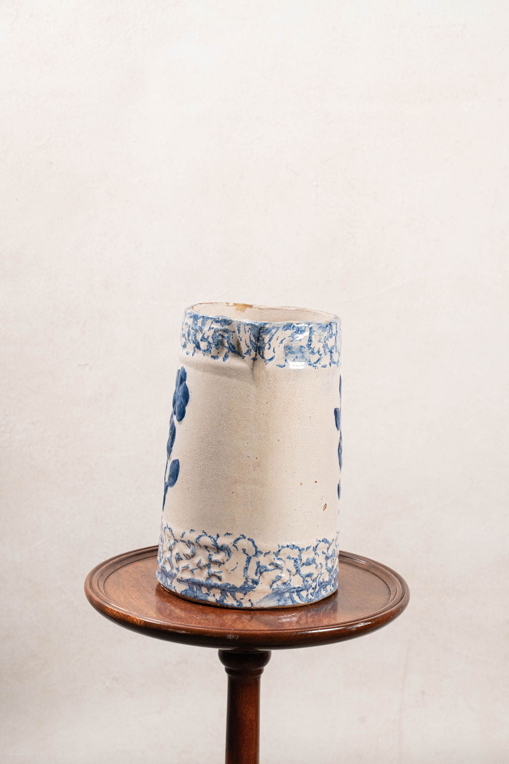 19th Century Blue + White Stoneware Spongeware Pitcher with Wild Rose Glaze