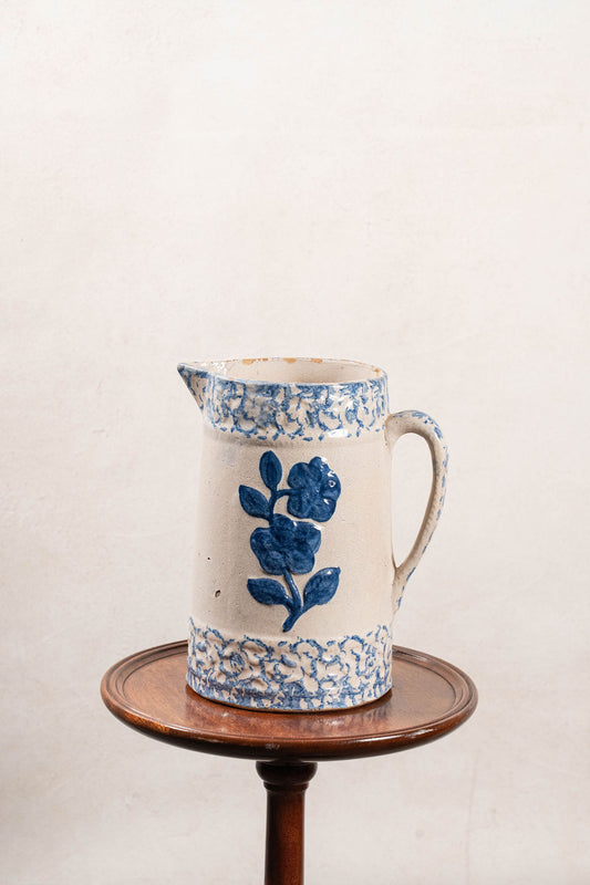 19th Century Blue + White Stoneware Spongeware Pitcher with Wild Rose Glaze