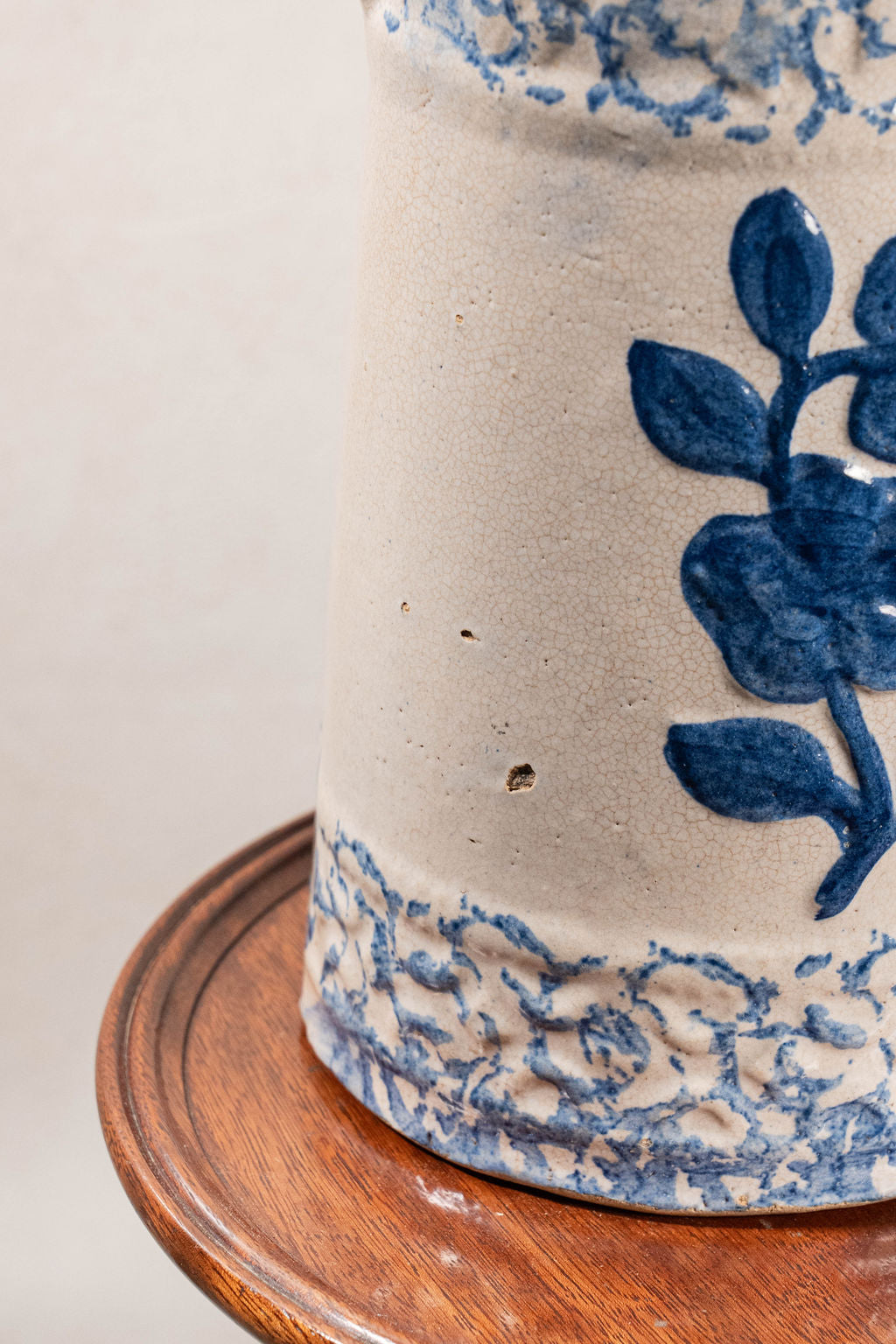 19th Century Blue + White Stoneware Spongeware Pitcher with Wild Rose Glaze