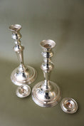 Load image into Gallery viewer, PAIR English Silver Plate on Copper 11”H Candlesticks
