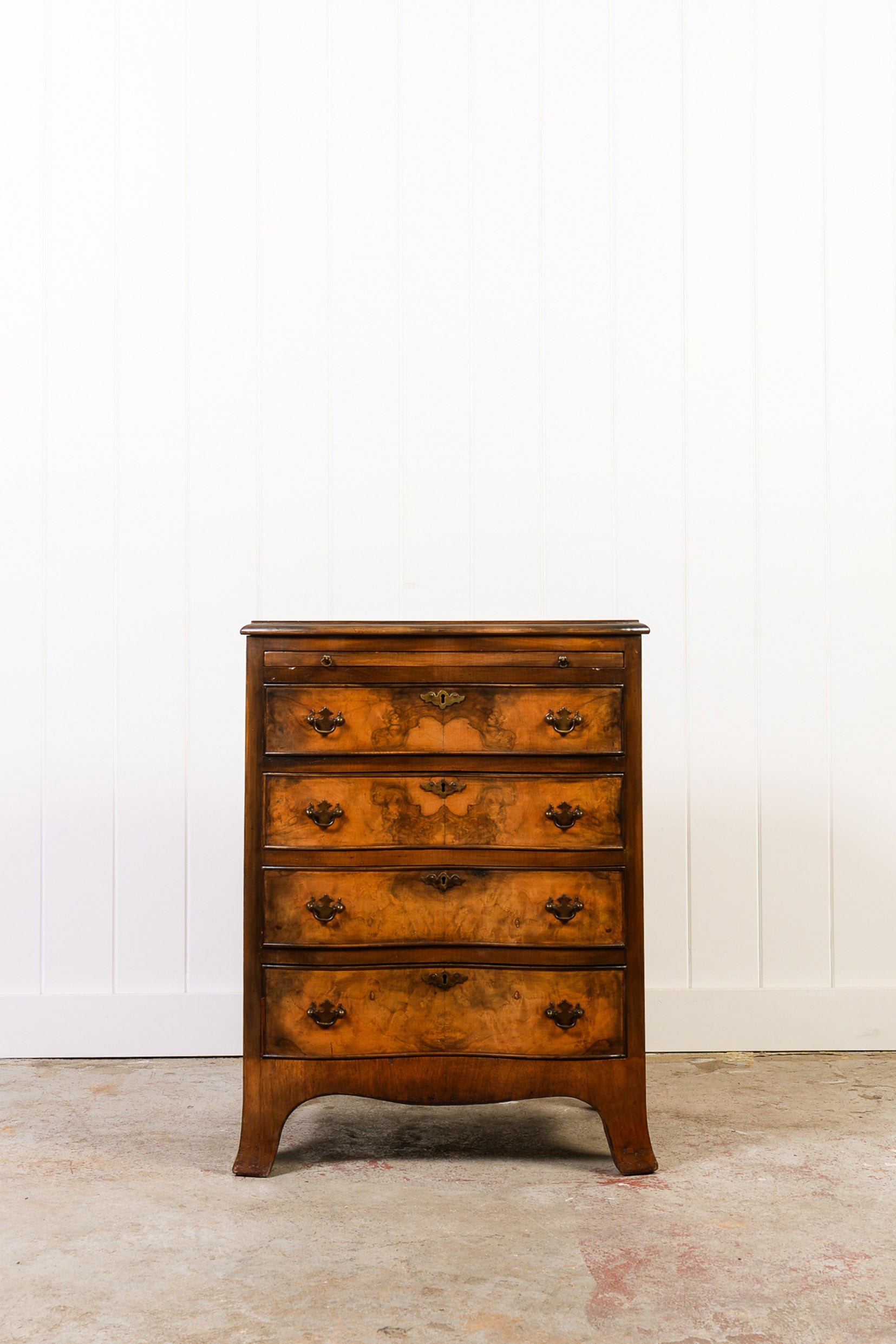 Antique English Burl Bachelor’s Chest with Serpentine Front