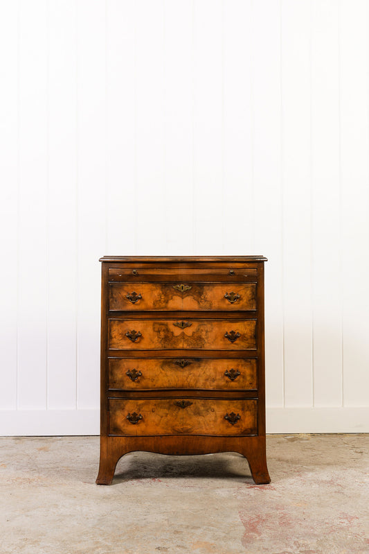 Antique English Burl Bachelor’s Chest with Serpentine Front