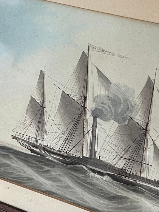 19th Century Hand Colored Engraving, ‘James Watt Steam Ship’