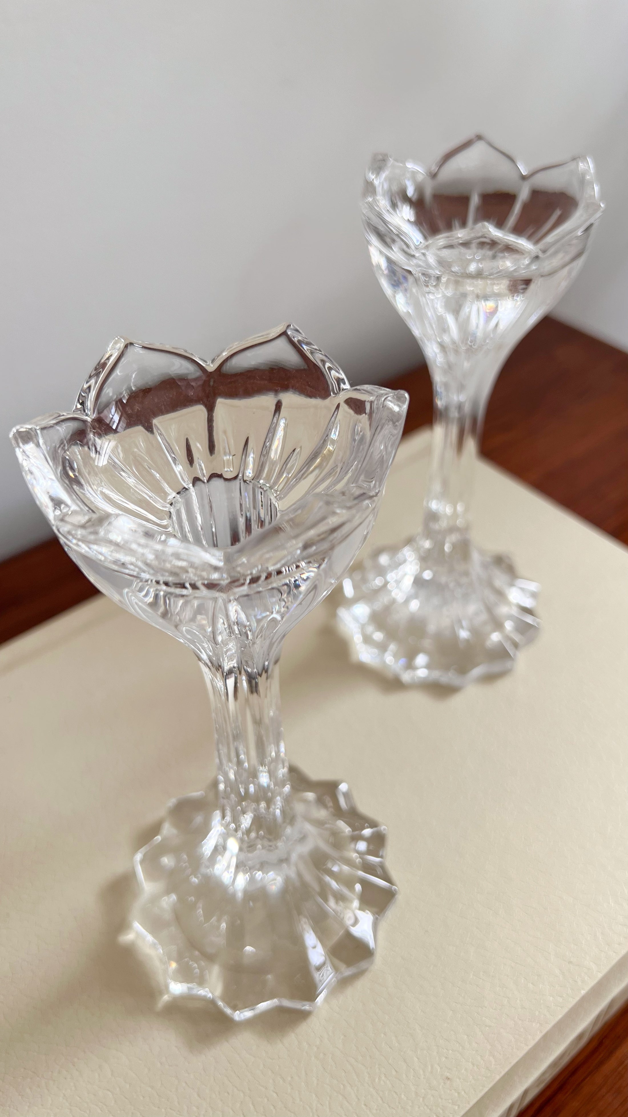 PAIR of Gorham Lotus Crystal Candlestick Holders